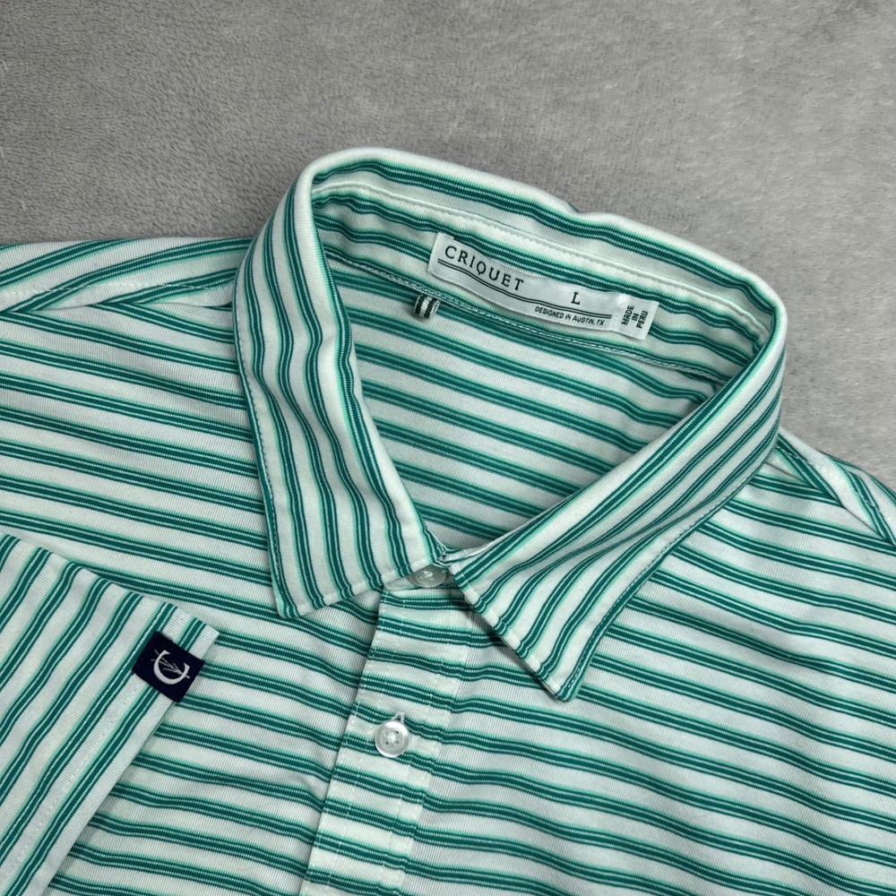 Criquet Polo Shirt Mens Large Green White Striped Pima Cotton Blend Short Sleeve